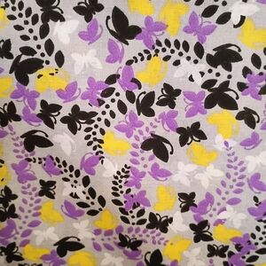 Floral Butterfly Print Fabric - Yellow, Purple, Black, White